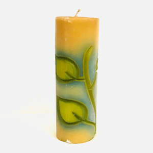 Cylindrical and Long Candle with a Leaves Figure Handmade by Artisans